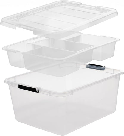 IRIS USA 18 QT Clear Storage Organizer with Removable Dividers, Stackable Plastic Storage Box with Lid, Modular Container for Crafts, Tools, Office & Pantry Organization