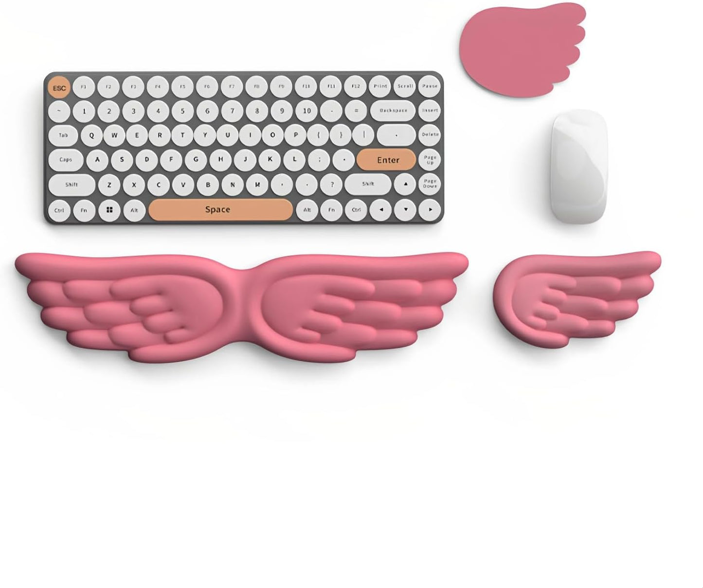 Angel Wing Wrist Rest Ergonomic Memory Foam Wrist Rest for Computer Keyboard Mouse Set with Cup Mat, Cute Gaming Keyboard Cushion Hand Support PU Leather Surface Anti-Slip Waterproof（White）