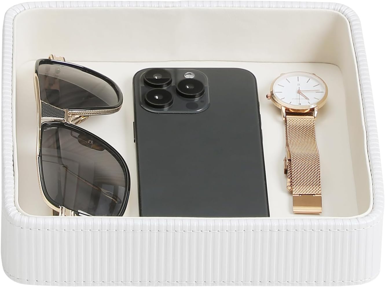 Small Valet Tray, 8"x8" Nightstand Organizer for Women Men| PU Leather Desk Organizer Trinket Dish| Decorative Vanity Tray Catch All Key Bowl for Dresser Bedside Coffee Table Entryway (Black)