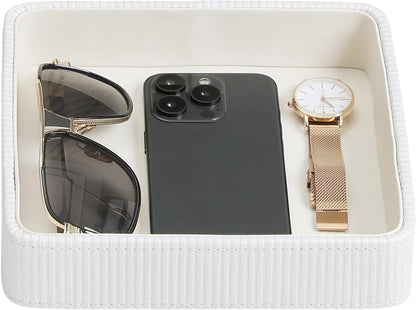Small Valet Tray, 8"x8" Nightstand Organizer for Women Men| PU Leather Desk Organizer Trinket Dish| Decorative Vanity Tray Catch All Key Bowl for Dresser Bedside Coffee Table Entryway (Black)