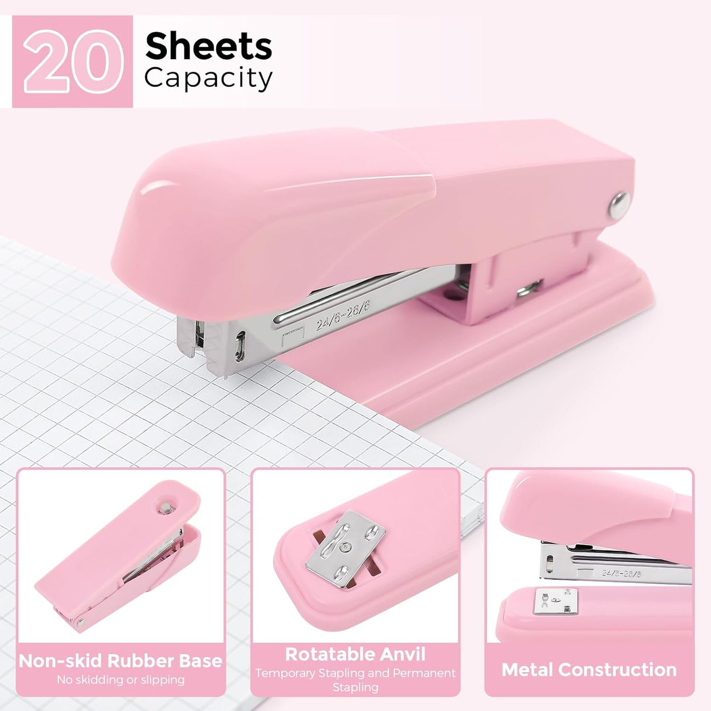 SKYDUE Pink Desk Accessories 10Pcs, Rotating Pen Holder for Desk, Stapler, Staple Remover, Tape Dispenser,2pcs Tape Refills, Binder Paper Clips Kit, Scissor,Pink Office School Supplies