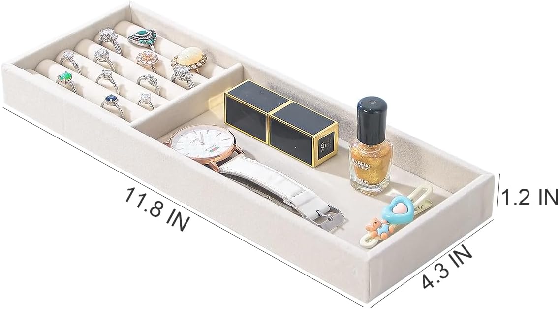 Divided Drawer Organizer Tray, Velvet Jewelry Storage Tray, Necklace Bracelet Ring Earring Display Tray,Bedside Nightstand Desk Holder Tray for Phone Watch Sunglasses Cosmetics Storage/Beige/1grid
