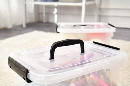Stackable Plastic Black Storage Bins with Lids 6 Pack, 12 Quart Modular Organizer Boxes with Secure Latches for Closet, Pantry, Office and Small Item Storage