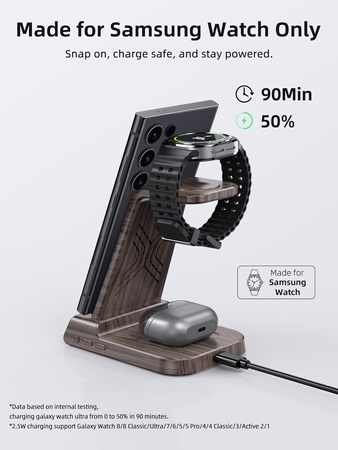 Wireless Charger for Samsung Charging Station: 3 in 1 Android Charging Stand with Dimmable Clock - Nightstand Organizer for Galaxy S25 Ultra, Galaxy Watch 8 7 6 5 4, Galaxy Buds, Space-Saving Charger