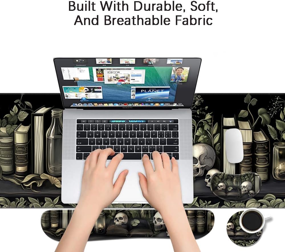 MIBITRI Keyboard Mouse Pad Set, Extended Gaming Mouse Pad+Ergonomics Keyboard Wrist Rest Support, Memory Foam, Easy Typing Pain Relief, 4Pcs XXL Ultra Thick Desk Mat, Enchanted Bookshelf