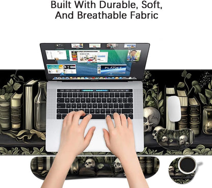 MIBITRI Keyboard Mouse Pad Set, Extended Gaming Mouse Pad+Ergonomics Keyboard Wrist Rest Support, Memory Foam, Easy Typing Pain Relief, 4Pcs XXL Ultra Thick Desk Mat, Enchanted Bookshelf