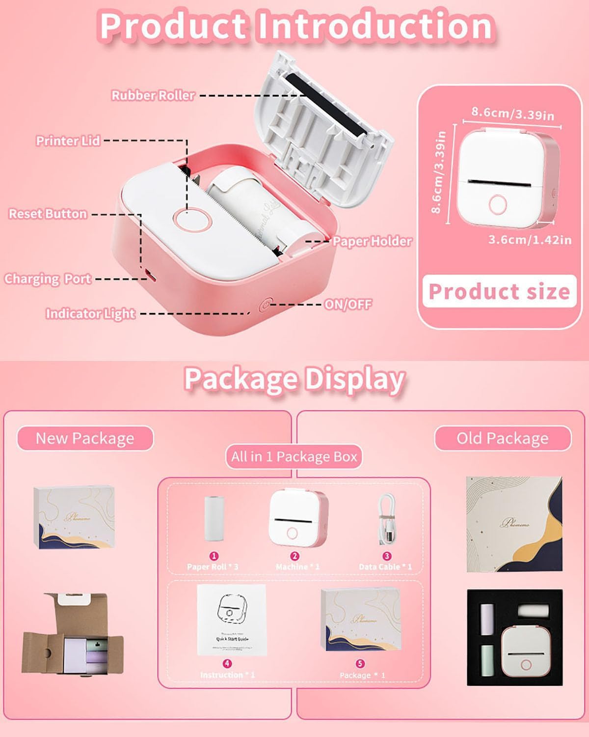 Memoking Sticker Maker - T02 Mini Sticker Printer Wireless Inkless Label Maker Portable Thermal Printer for Student Birthday Gift, Impresora Portátil for Note, DIY, Compatible with iOS & Android, Pink