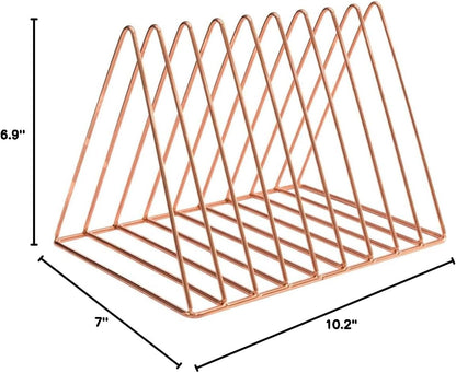Sooyee 9 Slot Rose Gold Magazine Holder,Desktop File Sorter Organizer Triangle Bookshelf Decor Home Office