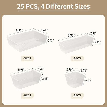 Yanosaku 25 PCS Clear Plastic Drawer Organizer Set, 4 Sizes Vanity Organizers, Desk Drawer Divider Organizers and Storage Bins for Makeup, Jewelry, Gadgets for Kitchen, Bathroom, Office