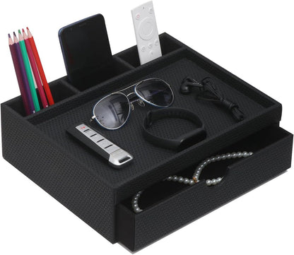 Leather Desk Organizer With Drawers, Home Cosmetics & Phone Remote Organizer, Drawer Plus Divider & Tray (white)