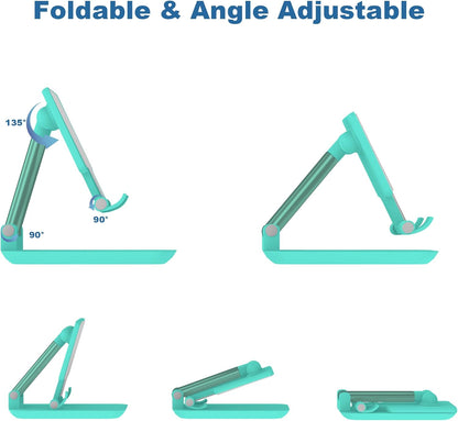 Cell Phone Stand,Adjustable Angle Height Phone Stand for Desk,Fully Foldable/Portable Phone Holder with Silicon Pad for iPhone 16/15/14/13/12/Smartphones,All Mobile Phones (Green)