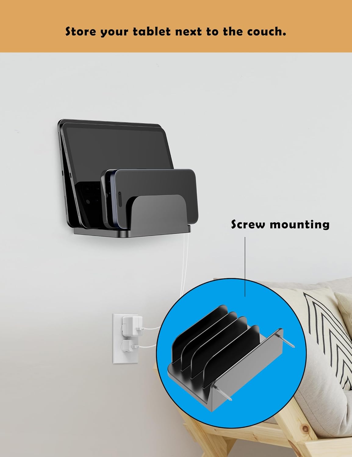 Phone Wall Mount Storage Organizer, Compatible with iPhone and Android, Holds Four Phones or Tablets at Once Charging Holder Station Fit for ipad, Kindle and More (Black)