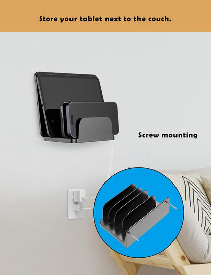 Phone Wall Mount Storage Organizer, Compatible with iPhone and Android, Holds Four Phones or Tablets at Once Charging Holder Station Fit for ipad, Kindle and More (Black)