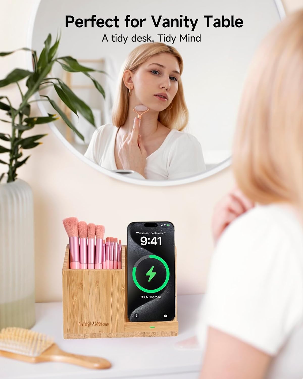 Bamboo Pen Holder for Desk & Nightstand Organizer with Fast Wireless Charging for iPhone, Samsung & More – Office Desk Accessories for Men/Women (Natural)