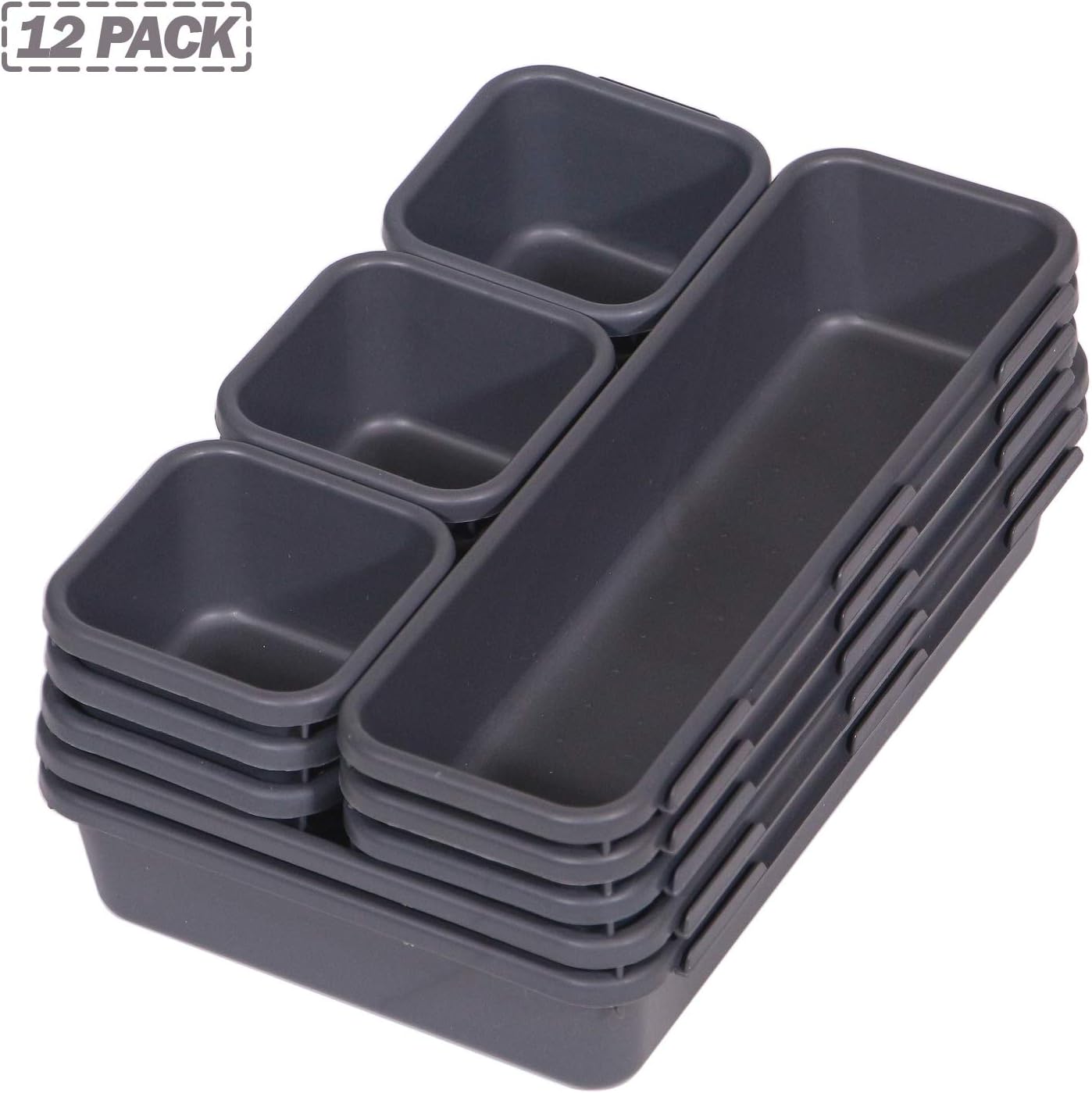 Set of 12 Interlocking Desk Drawer Organizer Tray Dividers Plastic Shallow Narrow Drawers Organizers Separators and Storage Bins Container for Kitchen Bathroom Makeup Office Vanity Bedroom Dresser
