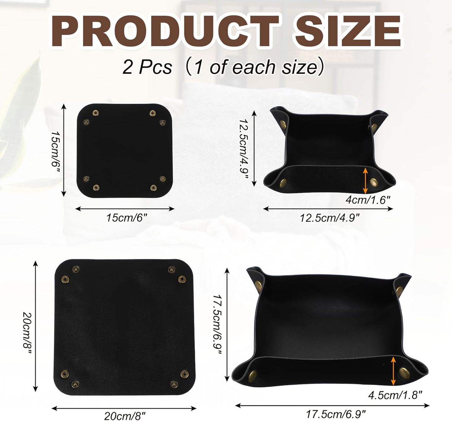 uxcell 2 Pcs Valet Tray for Women and Men, PU Leather Jewelry Tray Entryway Table Bedside Nightstand Catchall Storage Organizer for Jewelry Key Coin Watch Wallet(Square, Black)