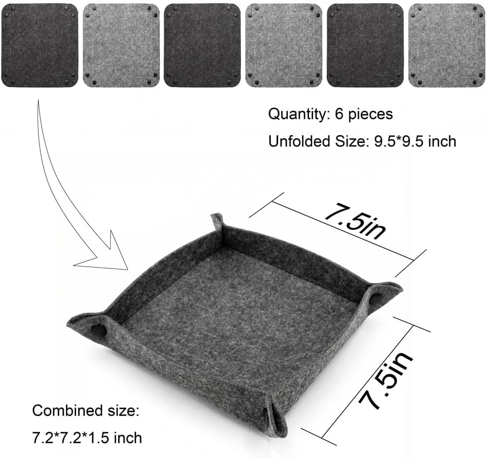 Soft Felt Tray, Foldable Catchall Organizer, 6-Pack Drop Zone Trays for Entryway, Desk, Nightstand & Travel
