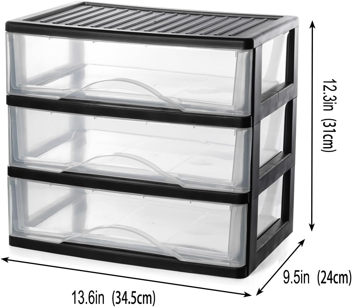 BYCY Medium 3 Drawer Plastic Clear Stacking Desktop Organizer for Office Supplies, Stackable Storage Drawers Storage Bins For Kitchen Cabinets, Pantry, Home Organization (Black, Medium 3Drawer)