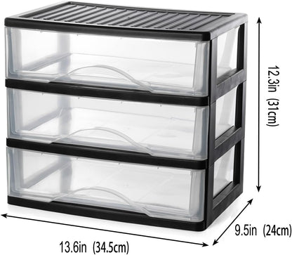 BYCY Medium 3 Drawer Plastic Clear Stacking Desktop Organizer for Office Supplies, Stackable Storage Drawers Storage Bins For Kitchen Cabinets, Pantry, Home Organization (Black, Medium 3Drawer)