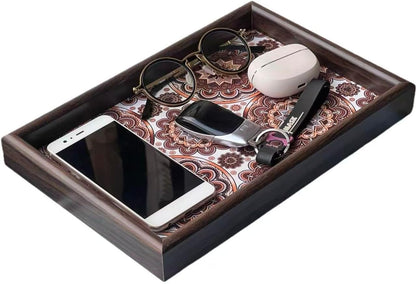 Zosenley Wooden Valet Tray with Leather Base - Nightstand Catchall Organizer for Cologne, Perfume, Keys, Wallet, Phone, Watch, Jewelry & Sunglasses (Black)