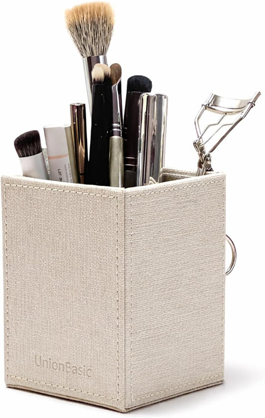 UnionBasic Square Pen Holder, Leather Pencil Cup, Desktop Caddy Stationery Organizer, Beige