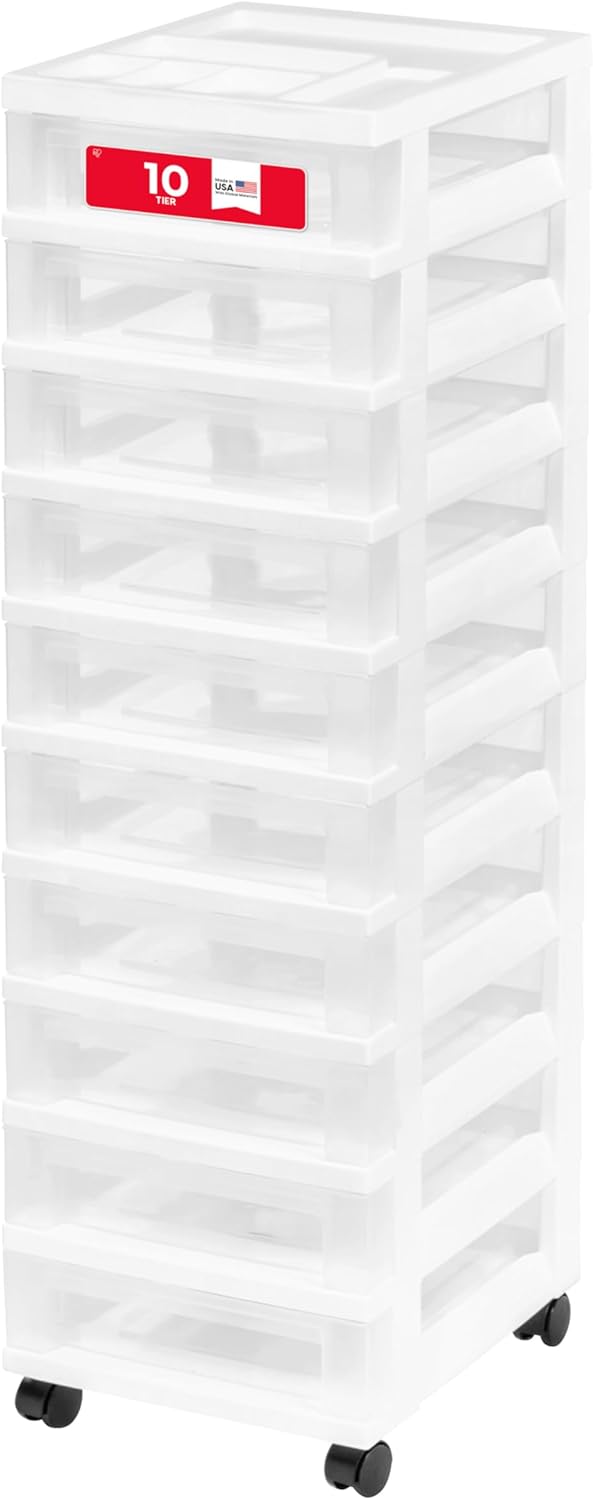 IRIS USA Plastic Drawer Storage Organizer Rolling Cart, with Wheels Casters, 4-Drawers, for Classroom Art Craft Supplies Dresser Closet Bathroom Laundry Room, Black/Pearl