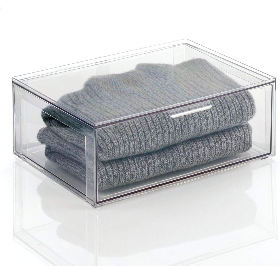 mDesign Plastic Stackable Closet Storage Organizer Bin Containers with Front Pull Drawer for Cabinet, Desk, Shelf, Cupboard, or Dresser Organization - Lumiere Collection - Clear
