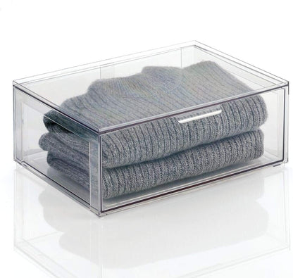 mDesign Plastic Stackable Closet Storage Organizer Bin Containers with Front Pull Drawer for Cabinet, Desk, Shelf, Cupboard, or Dresser Organization - Lumiere Collection - Clear