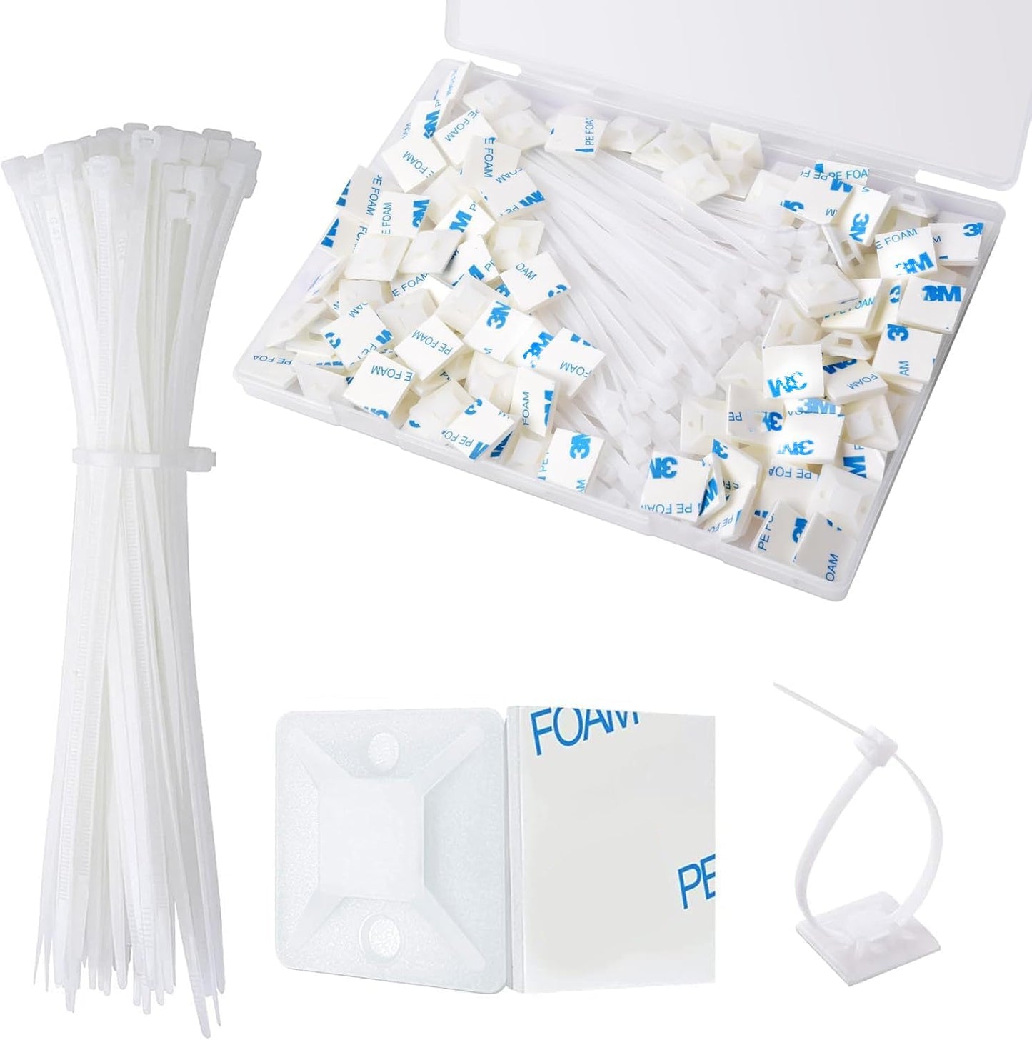 Strong Back-Glue Self Adhesive Cable Zip Tie Mounts Kit - 50 Set Cable Management Clips with 6" Zip Ties, Wire Holders - Outdoor Sticky Wire Organizer Clips-White