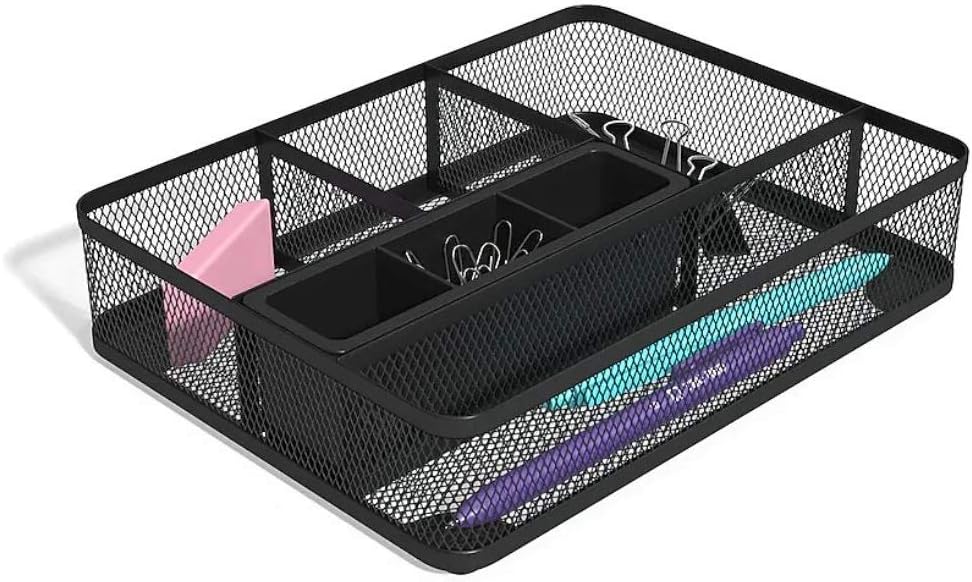 1InTheOffice Mesh Collection Desk Drawer Organizer Tray, Black, 7 Compartment