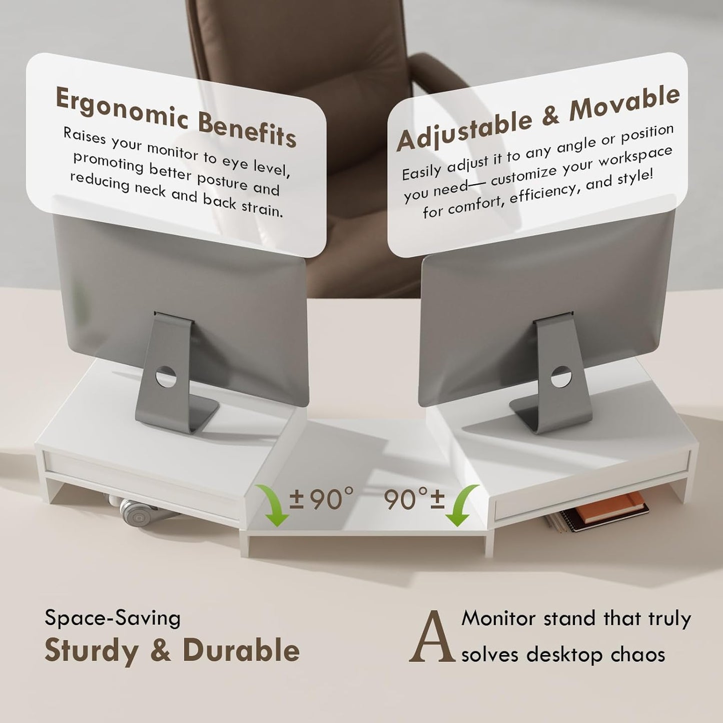 LAPTAIN Wooden Dual Monitor Stand with 2 Drawers, Monitor Stand Riser with Adjustable Length and Angle, Solid Wood Desktop Organizer Stand for Laptop/PC/Computer, No Assembly Required