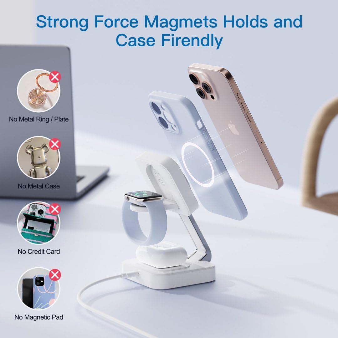 RYND 2026 Traveling Wireless Mag-Safe Fast Charging Station,Magnetic 3 in 1 Charger with iPhone 17 16 15 14 13 12 Pro Max Plus,Apple Watch Series & Air pods 4 3 2 Pro-Gifts for Wife & Husband(White)
