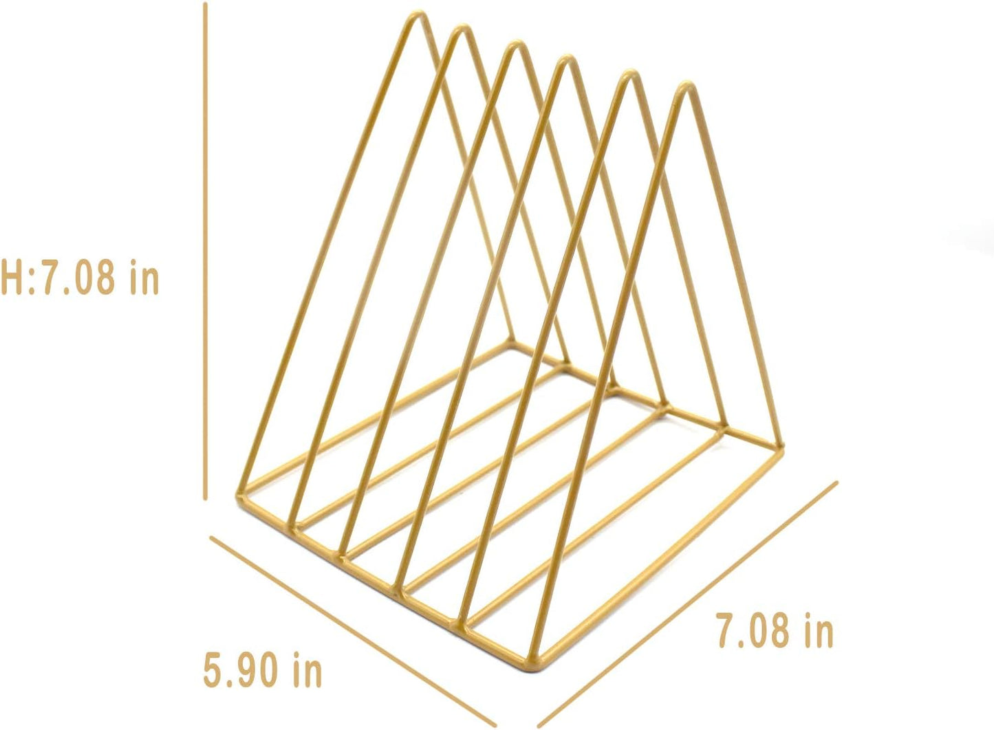 QPEY Triangle File Holder,5 Slot Metal Vinyl Record Stand Holder Magazine Newspaper Holder Photography Props for Office Home 1 Pc (Gold)