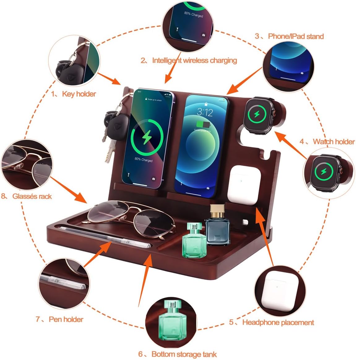 Nightstand Organizer with 4 Wireless Charger for 2 iPhone/Android Phone,Apple Watch,Airpod,Wood Phone Docking Station,27W Fast Wireless Charging Station,Wallet/Key Holder,Gifts for Dad/Men