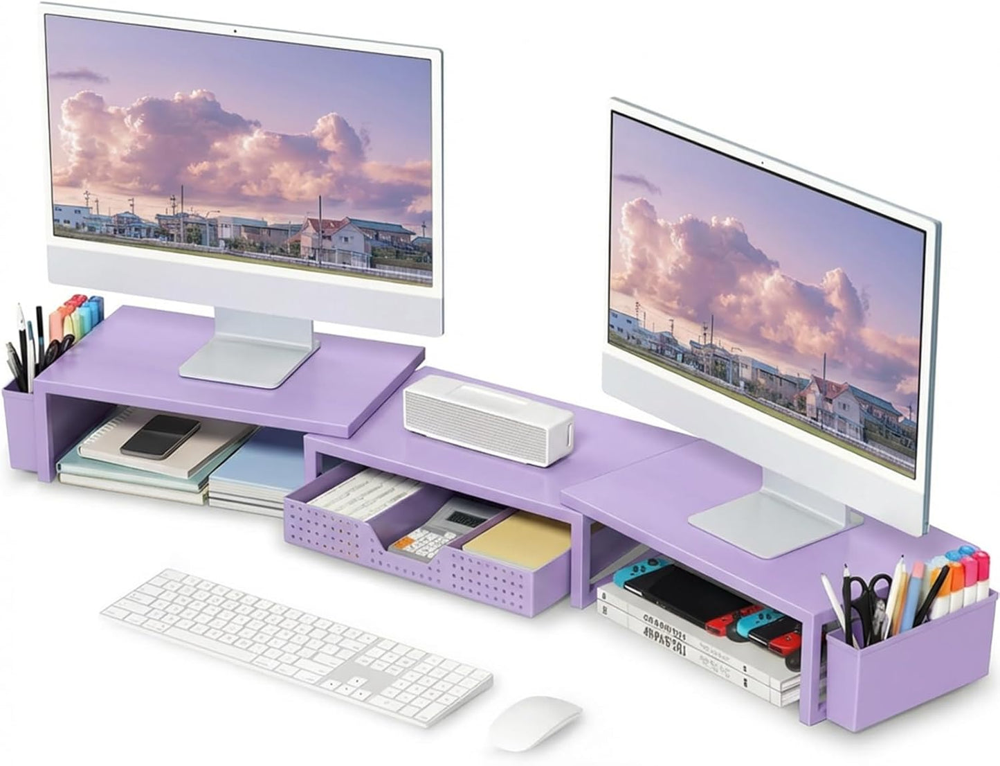 OPNICE Clear Acrylic Desk Organizers and Accessories, Dual Monitor Stand Riser with Drawer, Desk Shelf Computer Racks for Office Workspace Organizers, Desktop Organization (Transparent)