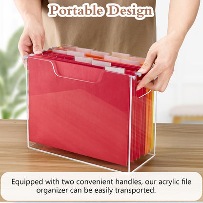 Jumyee Clear Acrylic File Folder Organizer with Handle – Portable Hanging File Box for Letter/A4, See-Through Desktop File Storage for Home Office School (No Folders Included)