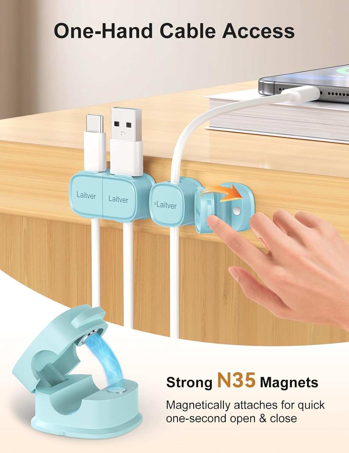 6 Pack Magnetic Cable Clips [1s Open/Lock], Laitver Cord Organizer Holder Strong Adhesive Desk Cable Management- Organize Charging Cords Neatly for Home, Office, Car,Desk, Nightstand
