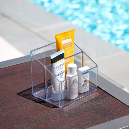 Isaac Jacobs Clear Acrylic 3-Compartment Organizer, Remote Holder & Multi-Functional Makeup, Brush, Pen & Pencil Storage Solution, for The Home, Bathroom, Office, Child’s Desk (3-Section, Clear)