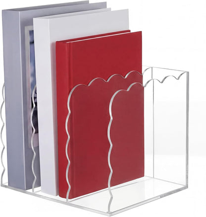 Suzile Scalloped Acrylic Magazine File Holder, 3-Compartment 4mm Thick, Clear Desk Organizer Vertical Bookends Organization for Office, Binders, Documents, Tablets, Magazines, Books