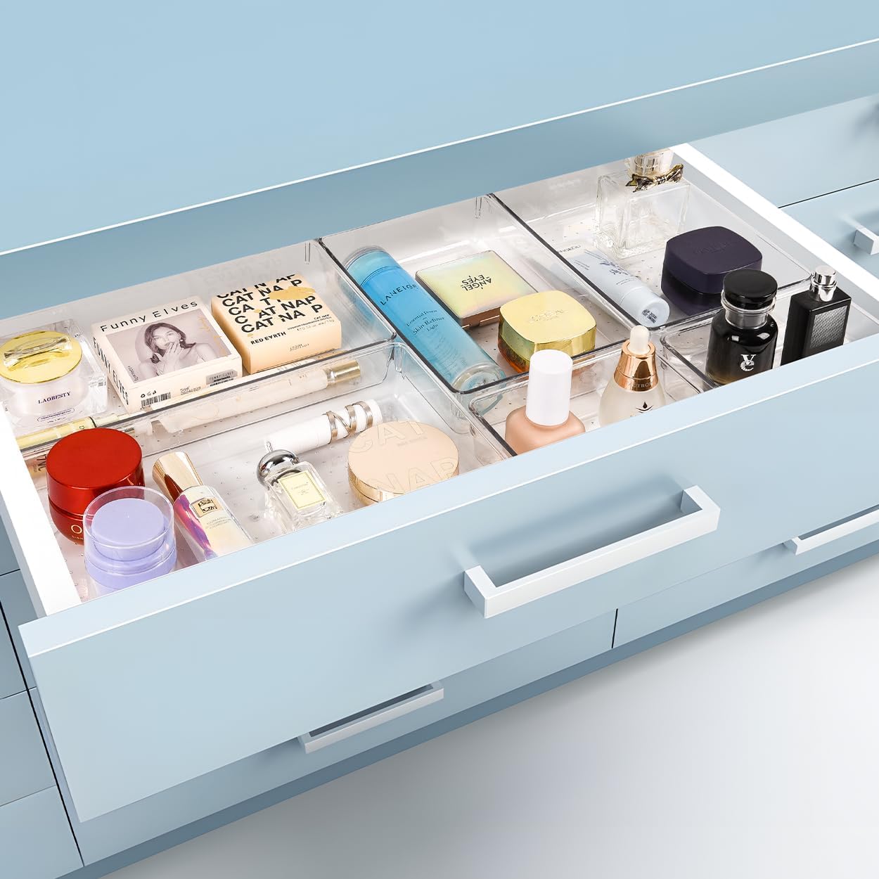 Kutesna 3 Pcs Large Clear Drawer Organizer Set, 15" X 6" Desk Drawer Organizers Trays with Non-Slip Silicone Pads, Storage Bins for Makeup, Office, Kitchen Gadgets Utensils, Bedroom, Tools, Bathroom