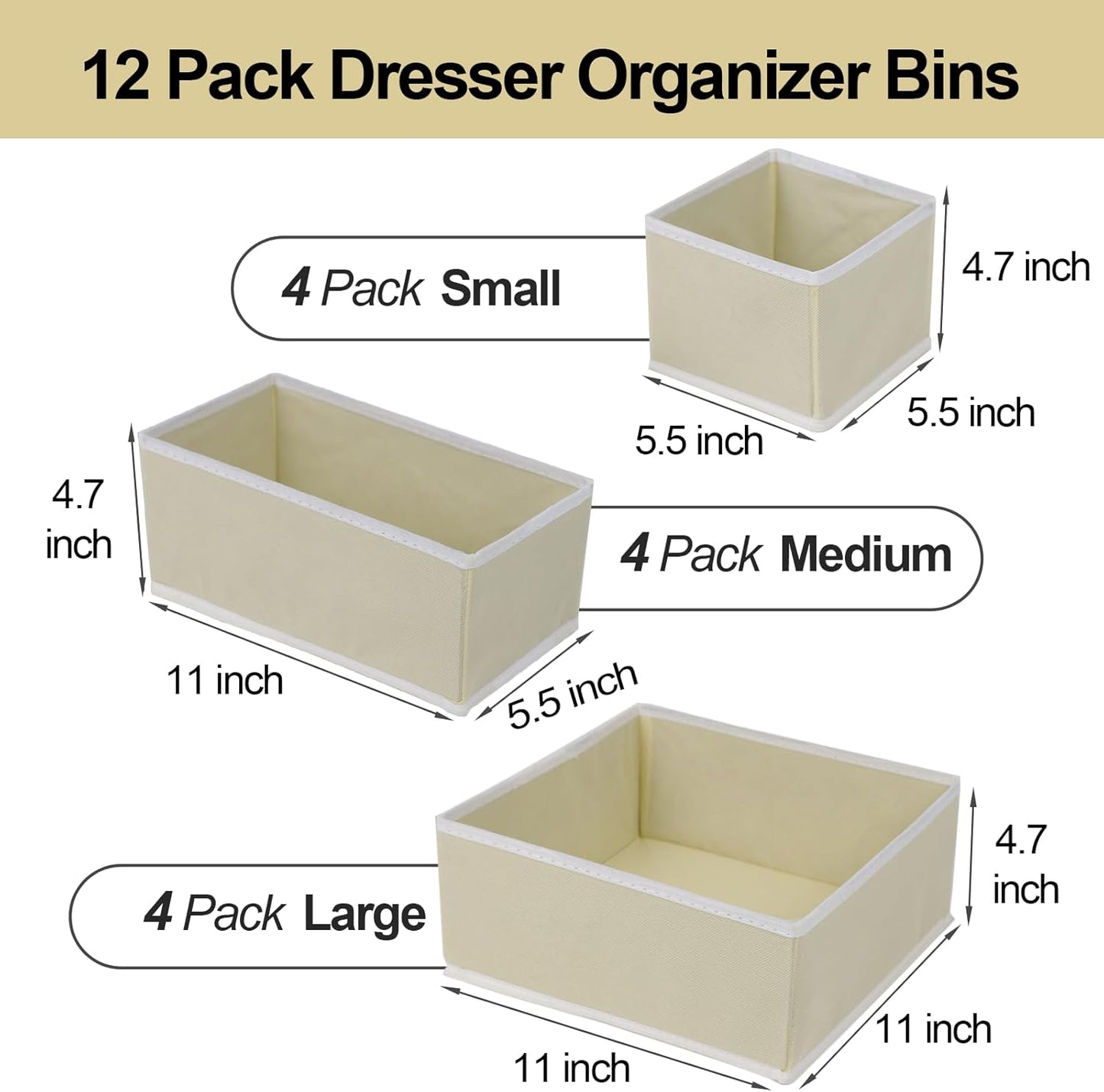 Fordonral 12 Pack Drawer Organizer Clothes, Foldable Fabric Dresser Organizer Closet Organizers and Storage Box for Underwear,Folded Clothes,Baby Clothing,Socks,Bra,Towels,Ties(12 Pack,Gray)