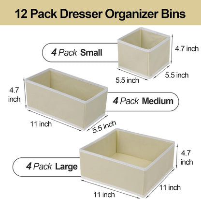 Fordonral 12 Pack Drawer Organizer Clothes, Foldable Fabric Dresser Organizer Closet Organizers and Storage Box for Underwear,Folded Clothes,Baby Clothing,Socks,Bra,Towels,Ties(12 Pack,Gray)