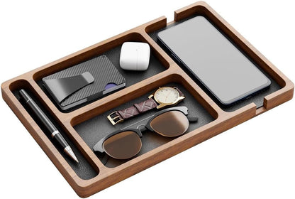 Wooden Valet Tray for Men, Nightstand Organizer with Compartments, EDC Catch All Tray for Keys, Wallet, Watch, Phone, Jewelry, Dresser Desk Organizer