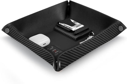 Valet Tray Organizer with Carbon Fiber Style Texture, Foldable Catchall Tray for Keys, Wallet & Everyday Essentials(Red)