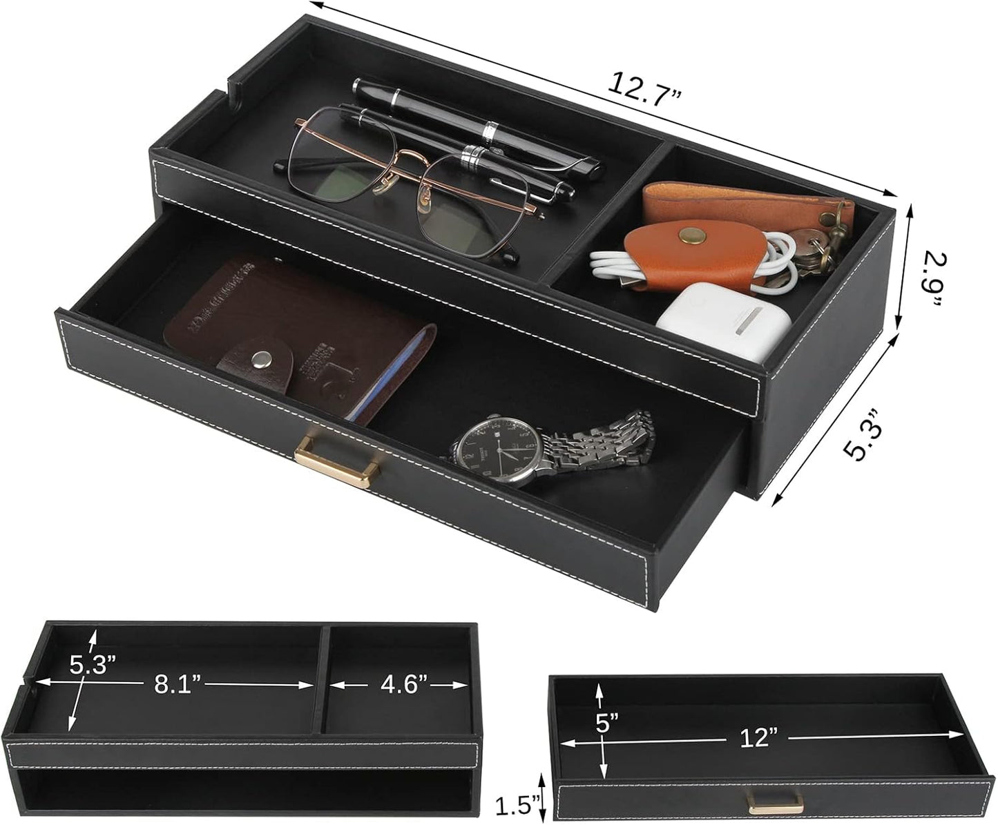 HofferRuffer Valet Jewelry Tray Organizer with Drawer, Faux Leather Storage Catchall Box Phone Charging Station Tray with Dresser Nightstand Desktop Drawer Organizer (Black)