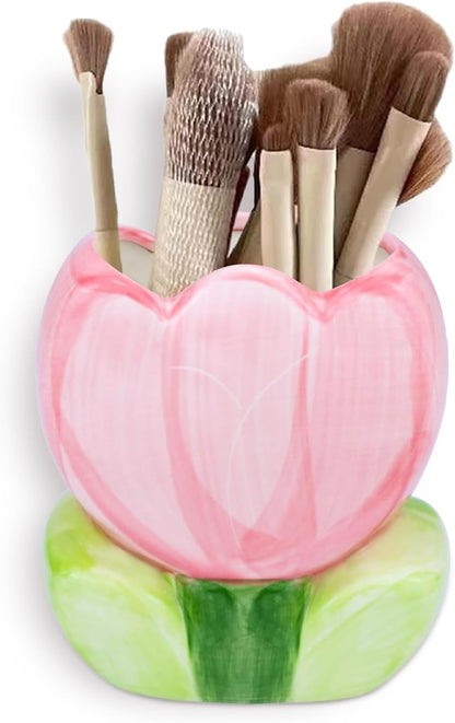 AMZWISH Pink Pen Holder, Ceramic Tulip Flower Design Makeup Brush Holder Stand for Countertop, Vanity Table, Desk Organizer for Bathrooms, Kitchens, Office