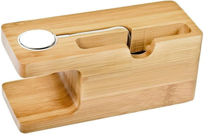 MOOZO Bamboo Wood Desktop Charging Dock Station Charger Holder Cradle Stand Compatible iPhone 16 15 14 13 12 11 Pro Max Apple Watch 2 3 4 / iWatch Samsung Galaxy S8 S7 S6 Edge Plus LG HTC Smartphones