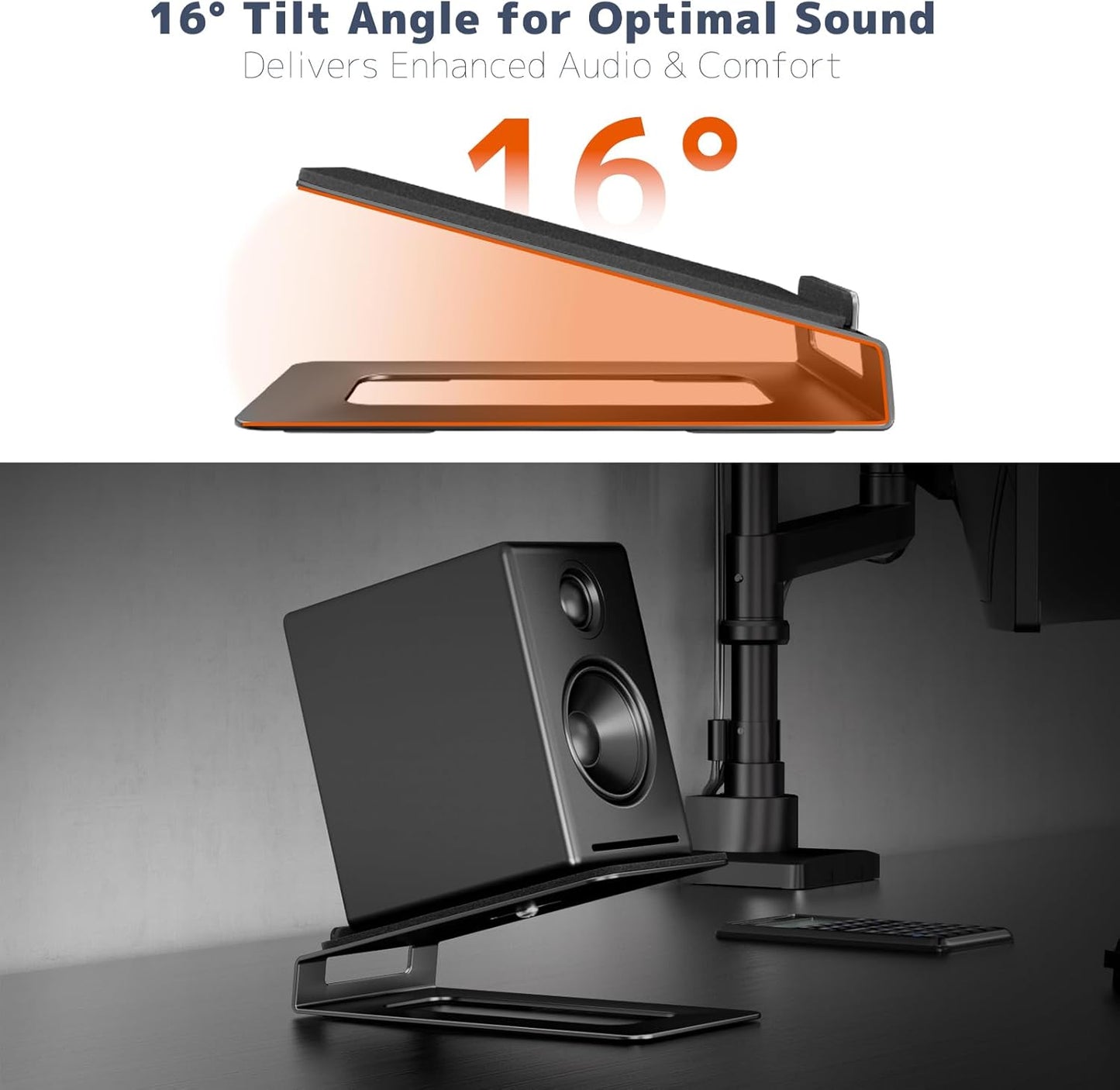 Desk Speaker Stands for Most Bookshelf Speakers,22 lbs Capacity, 16° Tilt Angle Speaker Risers with Anti-Vibration Pads,Compact for 3"-4" Studio Monitors,Space-Saving Stands for PC Speakers,Black