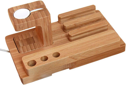 Bamboo Wood Multi-Device Desktop Charging Dock Station Charger Holder Cradle Charge Stand for iPhone 16 15 14 13 12 11 Pro Max iWatch 2 3 4 5 Compatible with iPad Mini Air Pro 2 3 Smartphones