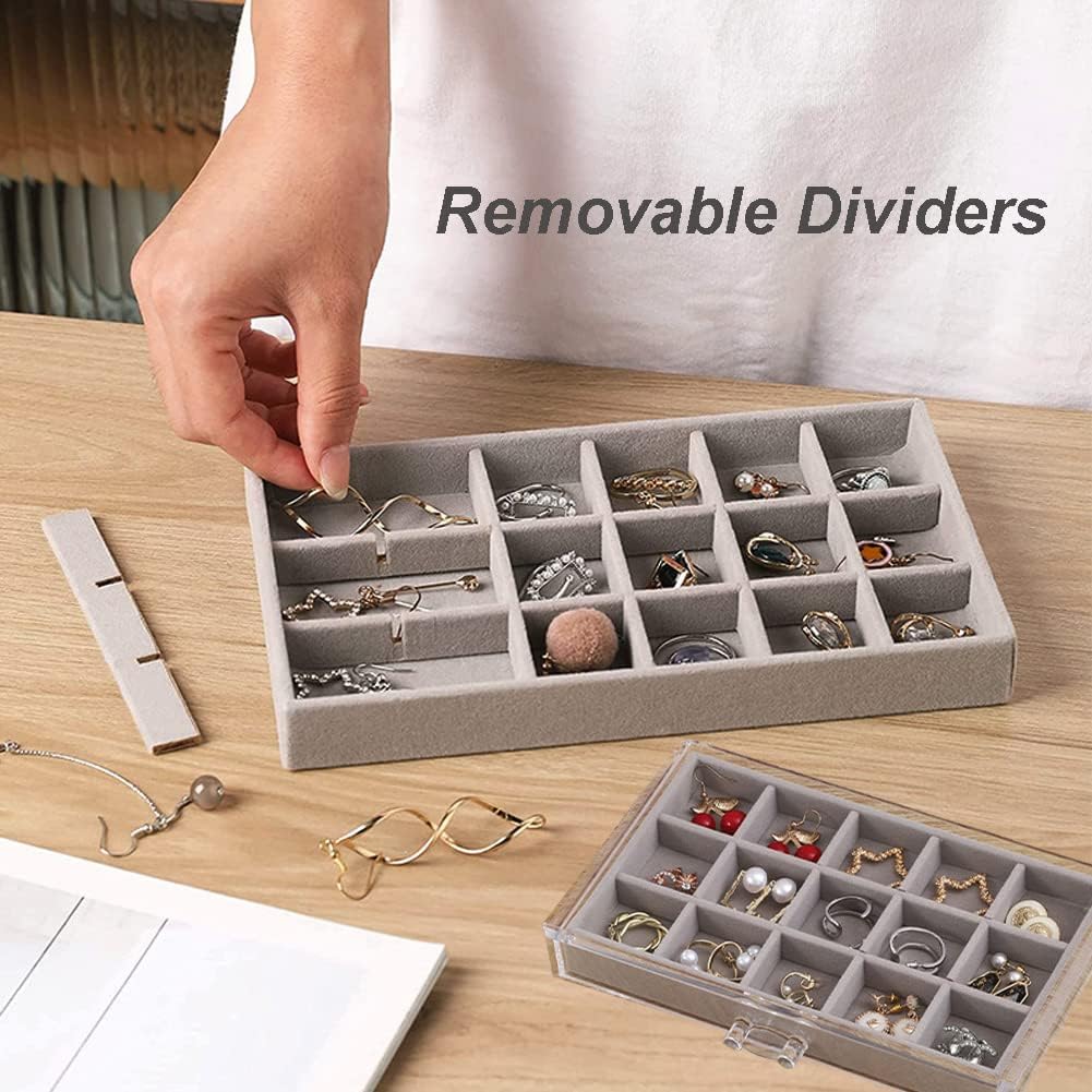 YUFONG Earring Organizer Box Acrylic Jewelry Organizer with 3 Drawers 54 Adjustable Grids Clear Stackable Earring Holder Velvet Trays Ring Display Case for Women Girls (Beige)